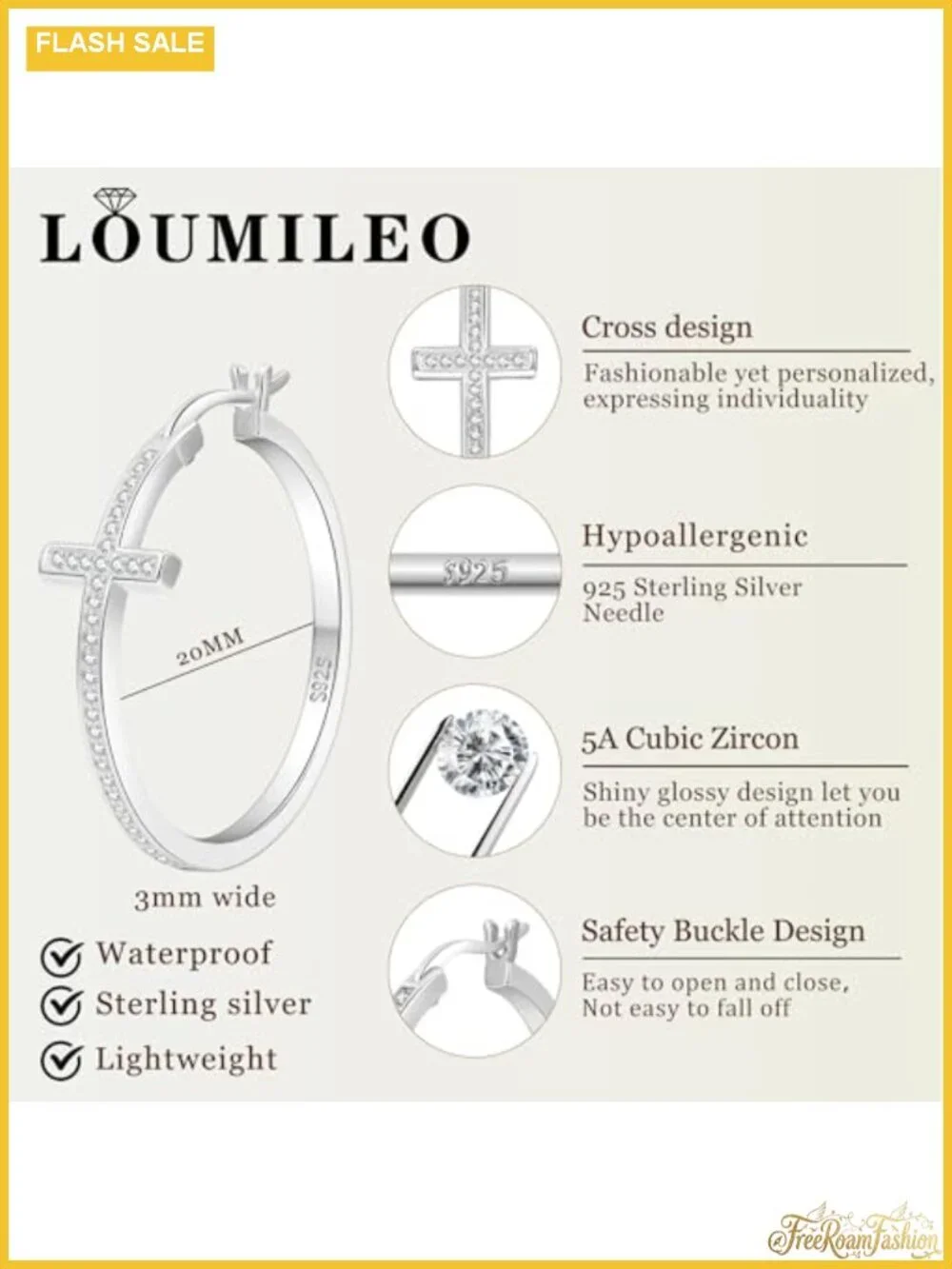 Sterling Silver Cross Hoop Earrings Women Rhinestone 20MM